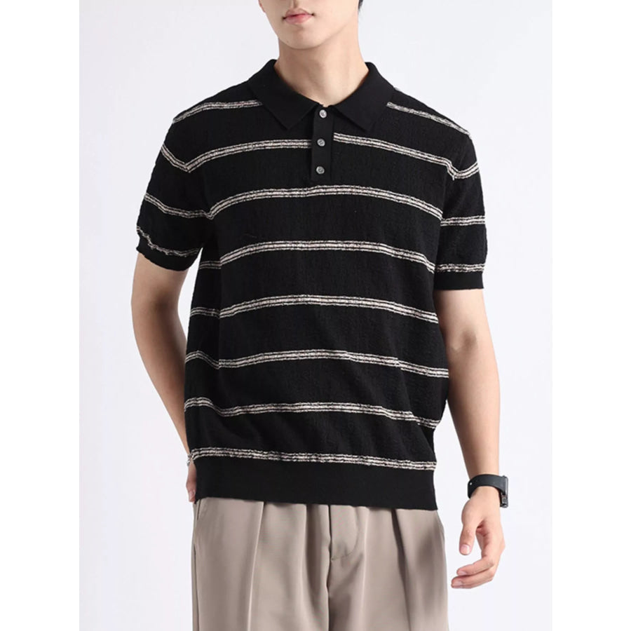 Men’s Plus Size Striped Knit Button Detail Polo Apparel and Accessories