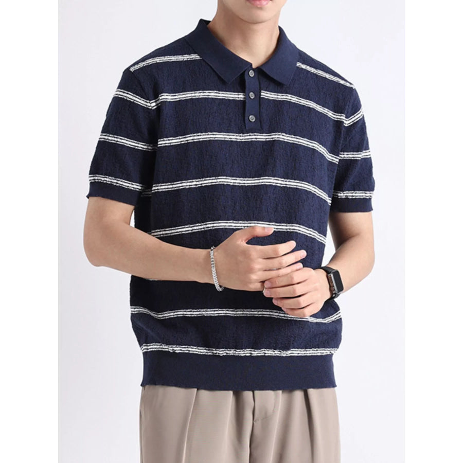 Men’s Plus Size Striped Knit Button Detail Polo Apparel and Accessories