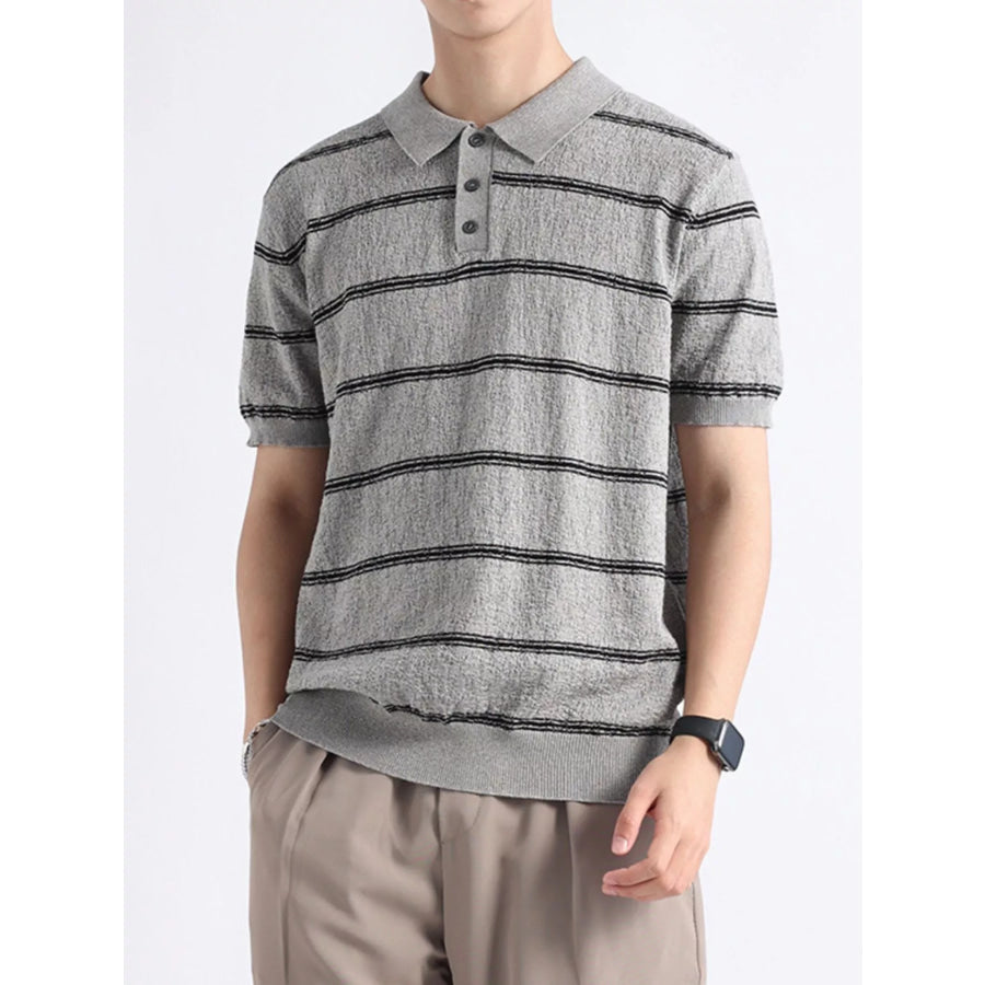 Men’s Plus Size Striped Knit Button Detail Polo Flower Gray / M Apparel and Accessories