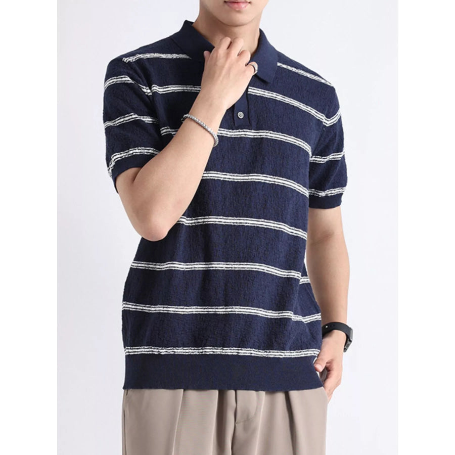 Men’s Plus Size Striped Knit Button Detail Polo Flower Royal Blue / M Apparel and Accessories