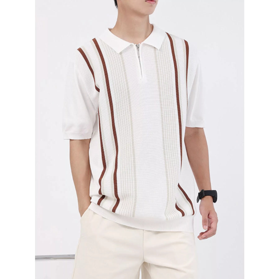 Men’s Plus Size Striped Knit Polo with Zipper Apparel and Accessories