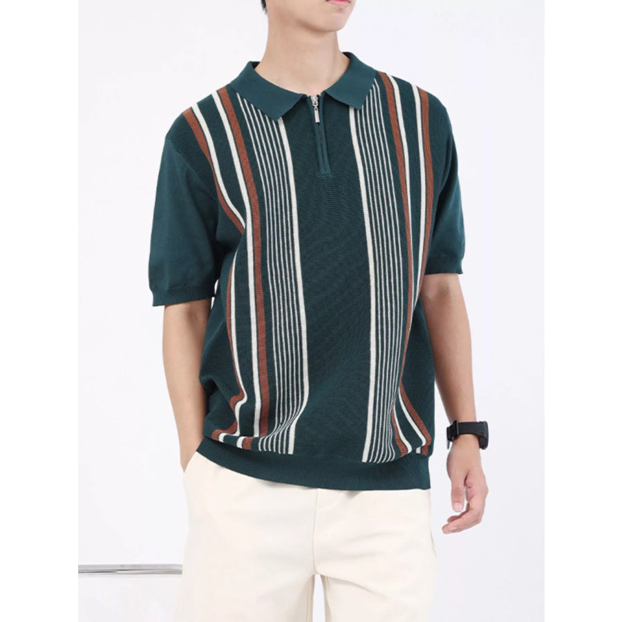 Men’s Plus Size Striped Knit Polo with Zipper Apparel and Accessories