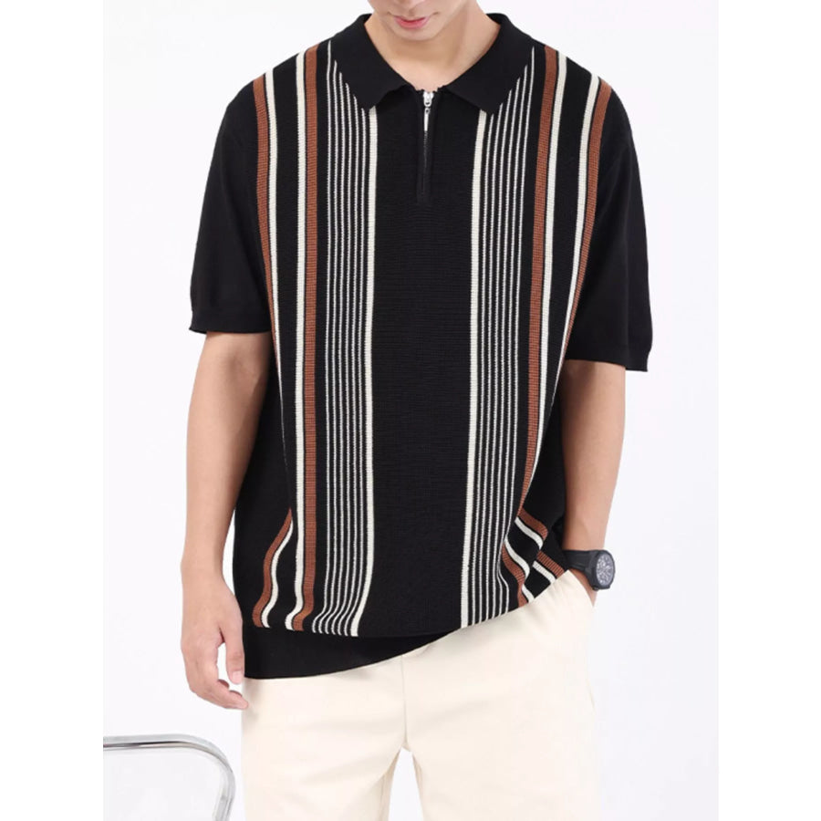 Men’s Plus Size Striped Knit Polo with Zipper Black / M Apparel and Accessories