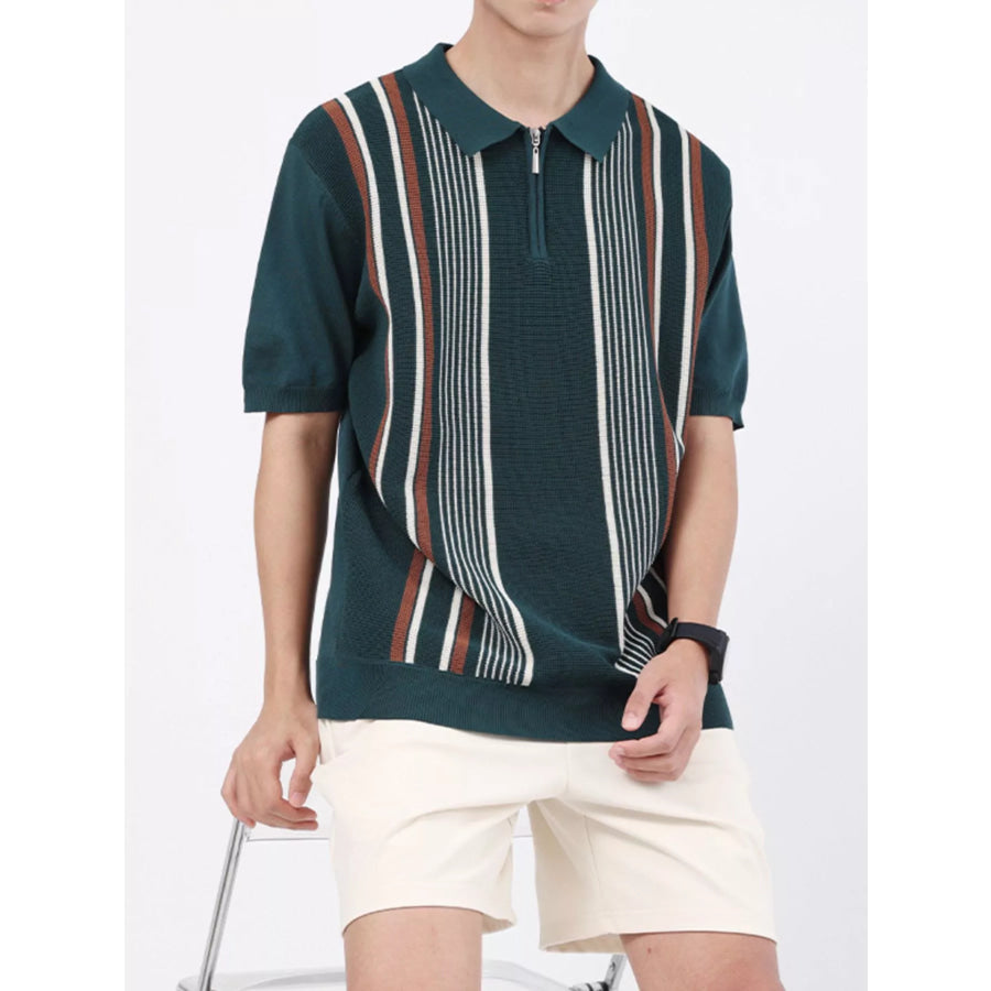 Men’s Plus Size Striped Knit Polo with Zipper Dark Wood Green / M Apparel and Accessories