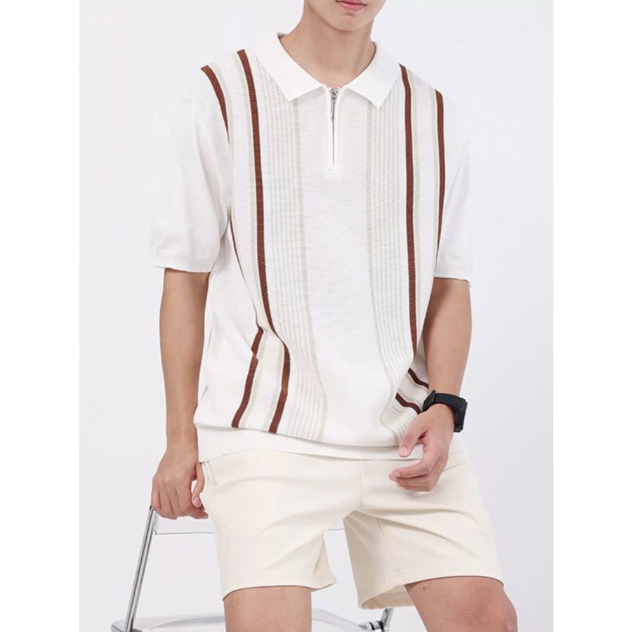 Men’s Plus Size Striped Knit Polo with Zipper White / M Apparel and Accessories