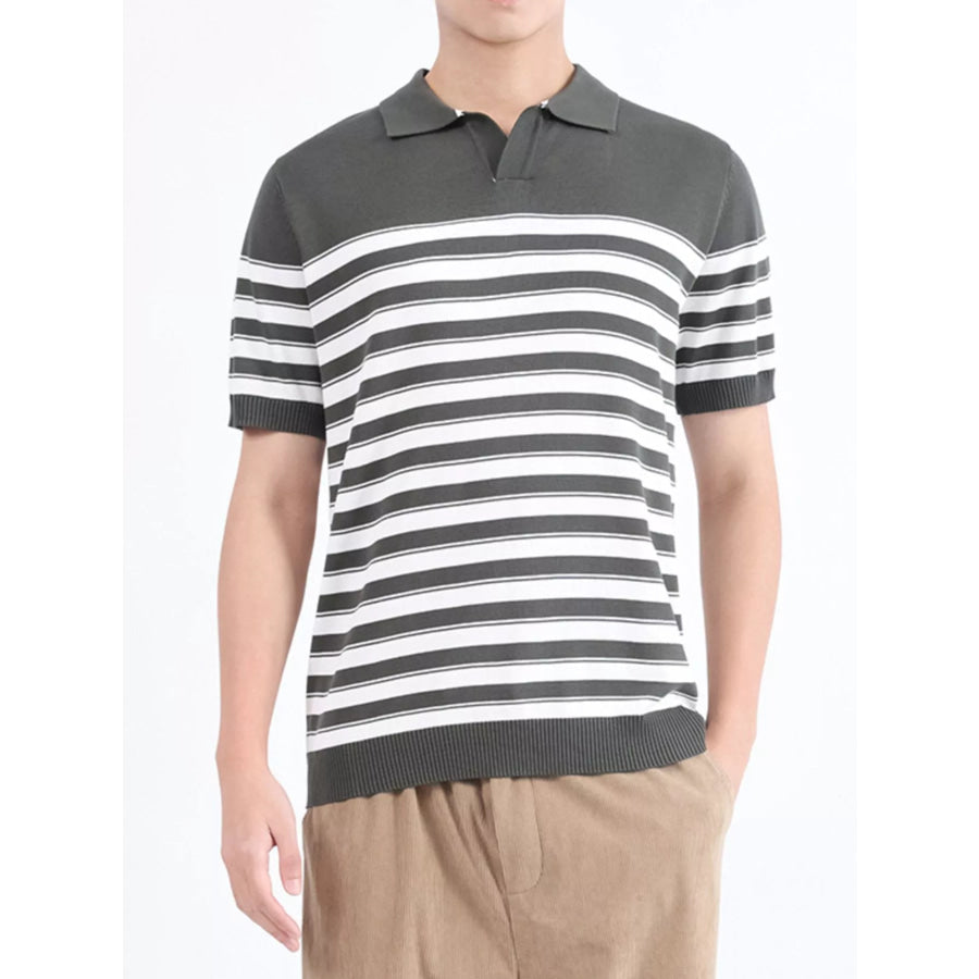 Men’s Plus Size Striped Knit Short Sleeve Polo Army Green / M Apparel and Accessories