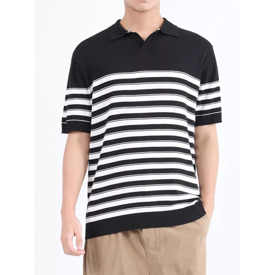 Men’s Plus Size Striped Knit Short Sleeve Polo Black / M Apparel and Accessories