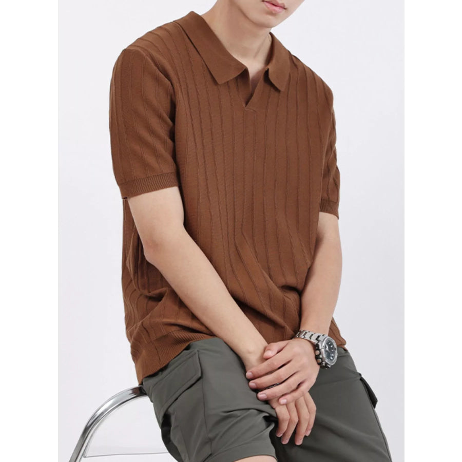 Men’s Plus Size Striped Knitted Polo Brown / M Apparel and Accessories