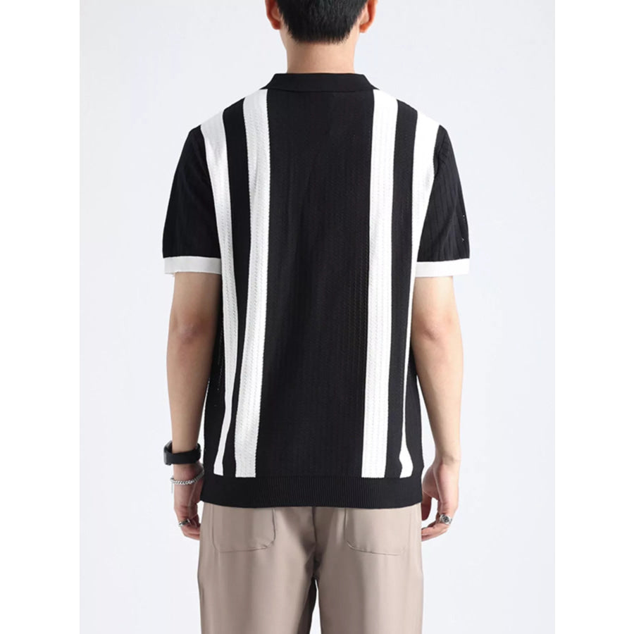 Men’s Plus Size Striped Knitted Polo with Zipper Apparel and Accessories