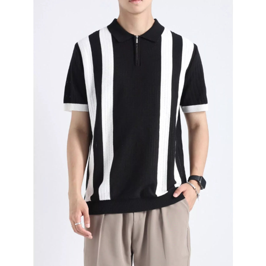Men’s Plus Size Striped Knitted Polo with Zipper Black / M Apparel and Accessories
