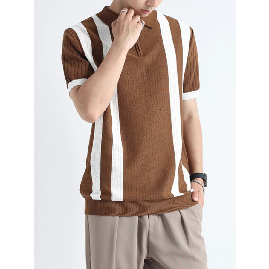 Men’s Plus Size Striped Knitted Polo with Zipper Brown / M Apparel and Accessories