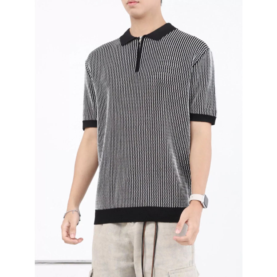 Men’s Plus Size Striped Knitted Zip-Up Polo Black / M Apparel and Accessories