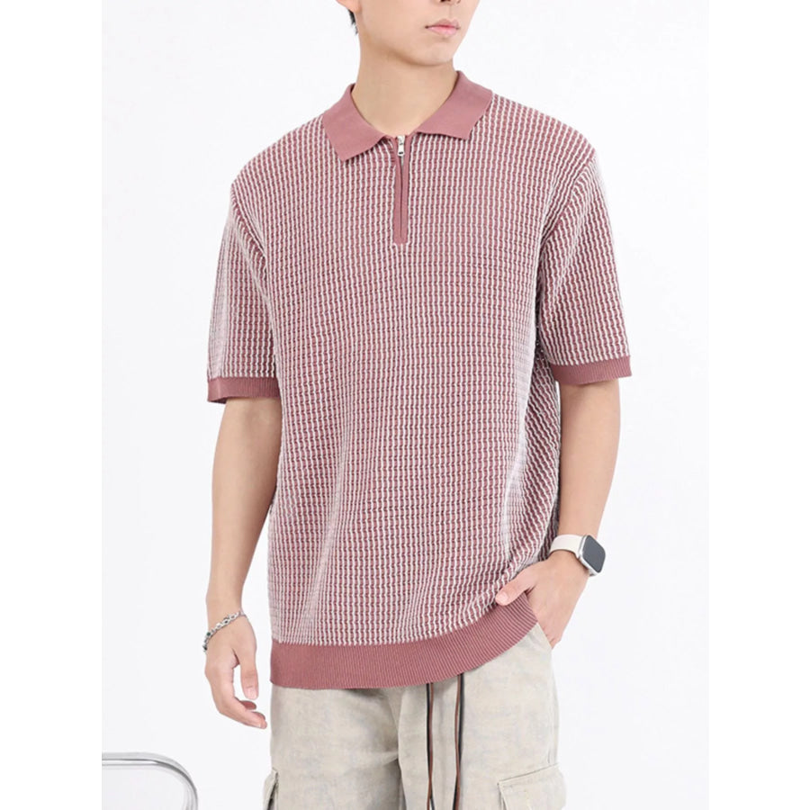 Men’s Plus Size Striped Knitted Zip-Up Polo Dark Red / M Apparel and Accessories