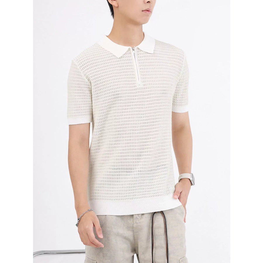 Men’s Plus Size Striped Knitted Zip-Up Polo White / M Apparel and Accessories