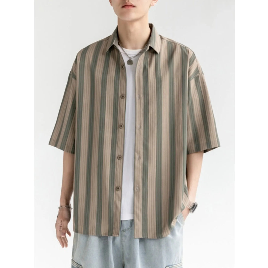 Men’s Plus Size Striped Loose Fit Short Sleeve Shirt Cafe / M Apparel and Accessories