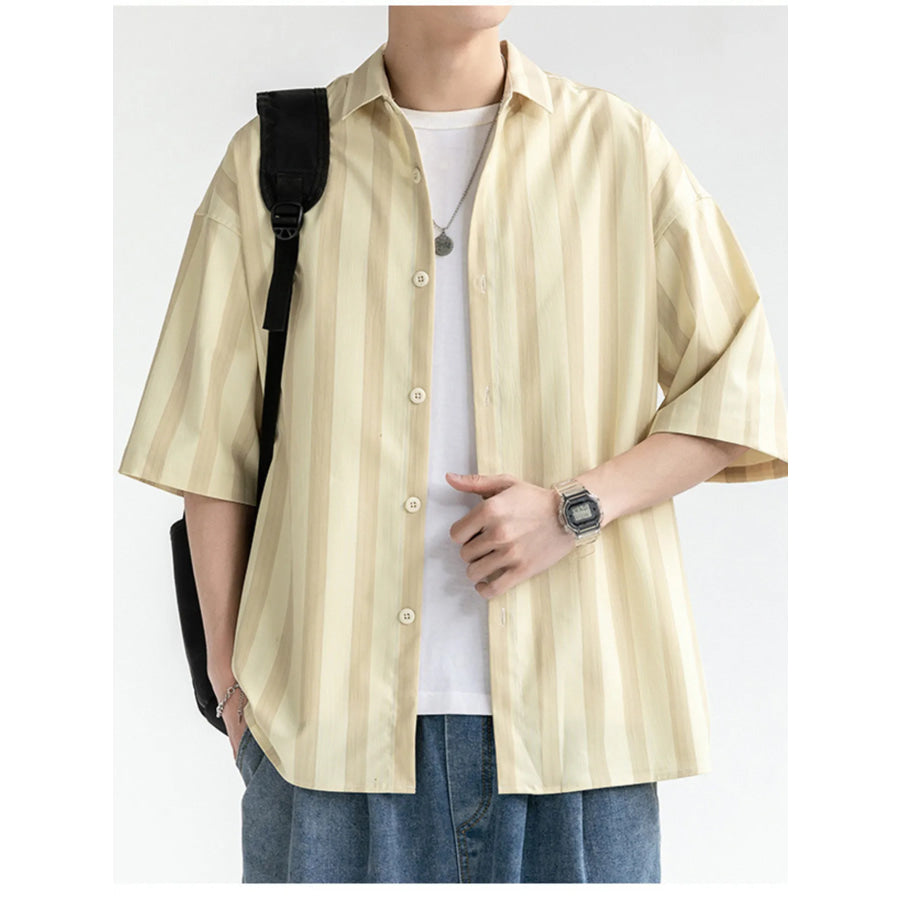 Men’s Plus Size Striped Loose Fit Short Sleeve Shirt Yellow Bar / M Apparel and Accessories