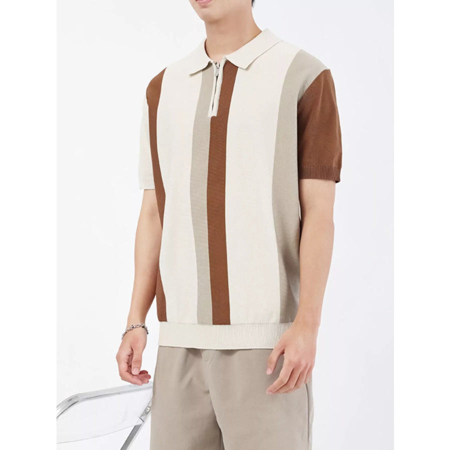 Men’s Plus Size Striped Short Sleeve Polo Apricot / M Apparel and Accessories