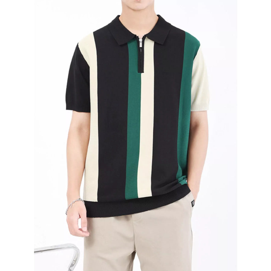Men’s Plus Size Striped Short Sleeve Polo Black / M Apparel and Accessories