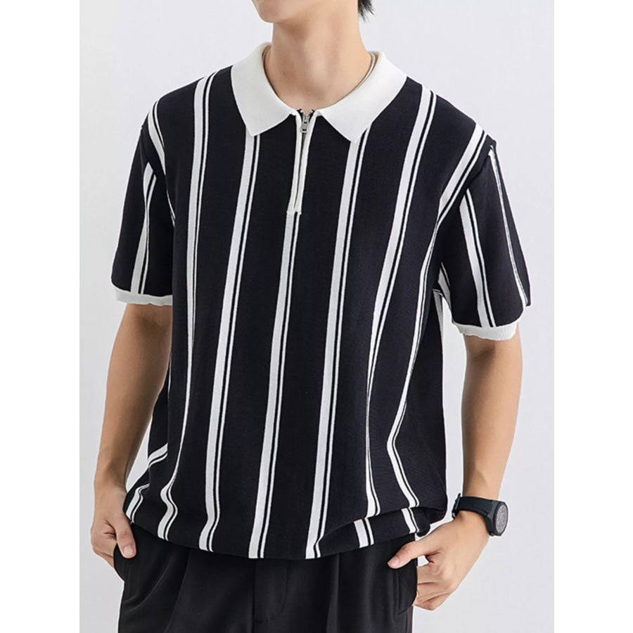 Men’s Plus Size Striped Short Sleeve Polo Black / M Apparel and Accessories