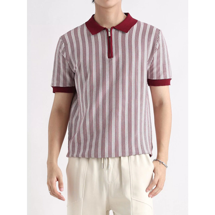Men’s Plus Size Striped Short Sleeve Polo Burgundy / M Apparel and Accessories