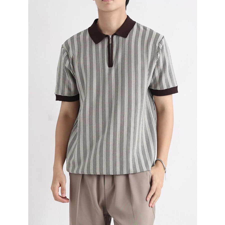 Men’s Plus Size Striped Short Sleeve Polo Dark Brown / M Apparel and Accessories