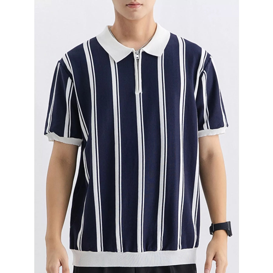 Men’s Plus Size Striped Short Sleeve Polo Dark Navy / M Apparel and Accessories