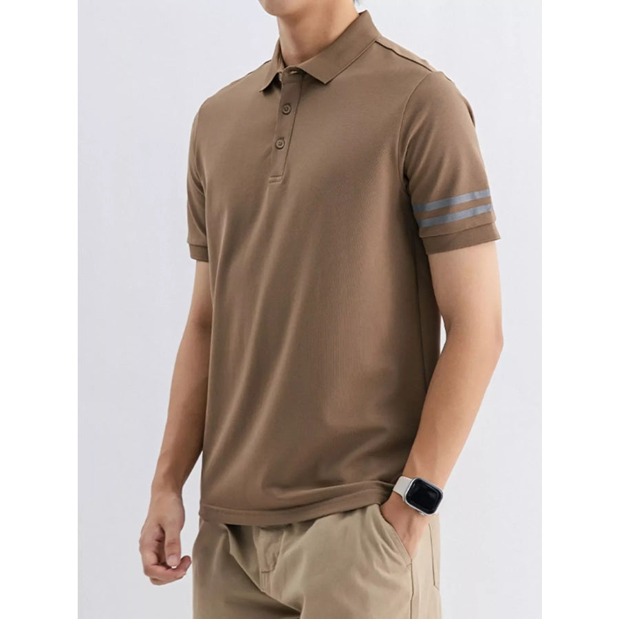 Men’s Plus Size Striped Sleeve Casual Polo Camel / M Apparel and Accessories
