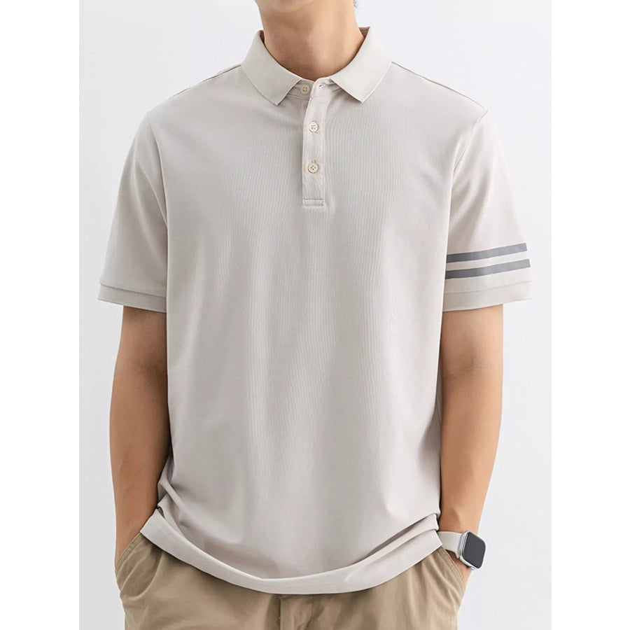 Men’s Plus Size Striped Sleeve Casual Polo Light Gray / M Apparel and Accessories