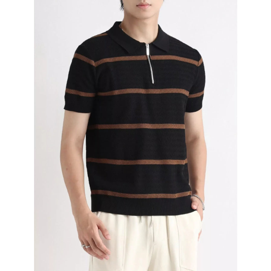 Men’s Plus Size Striped Zip-Up Knit Polo Black / M Apparel and Accessories