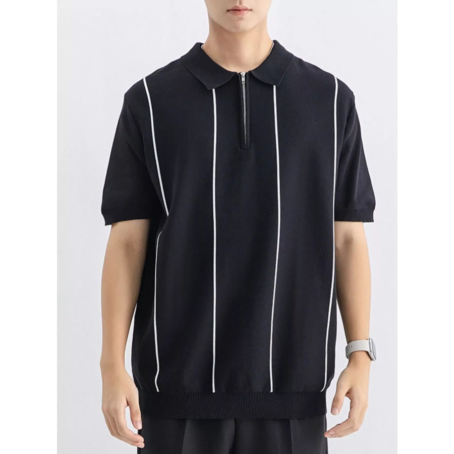 Men’s Plus Size Striped Zip-Up Knit Polo Black / M Apparel and Accessories