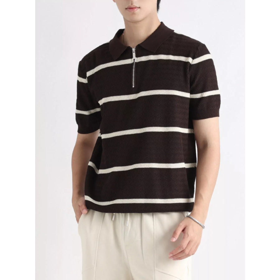 Men’s Plus Size Striped Zip-Up Knit Polo Dark Brown / M Apparel and Accessories