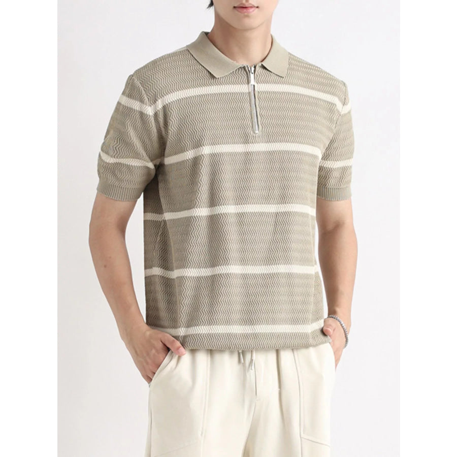 Men’s Plus Size Striped Zip-Up Knit Polo Khaki / M Apparel and Accessories