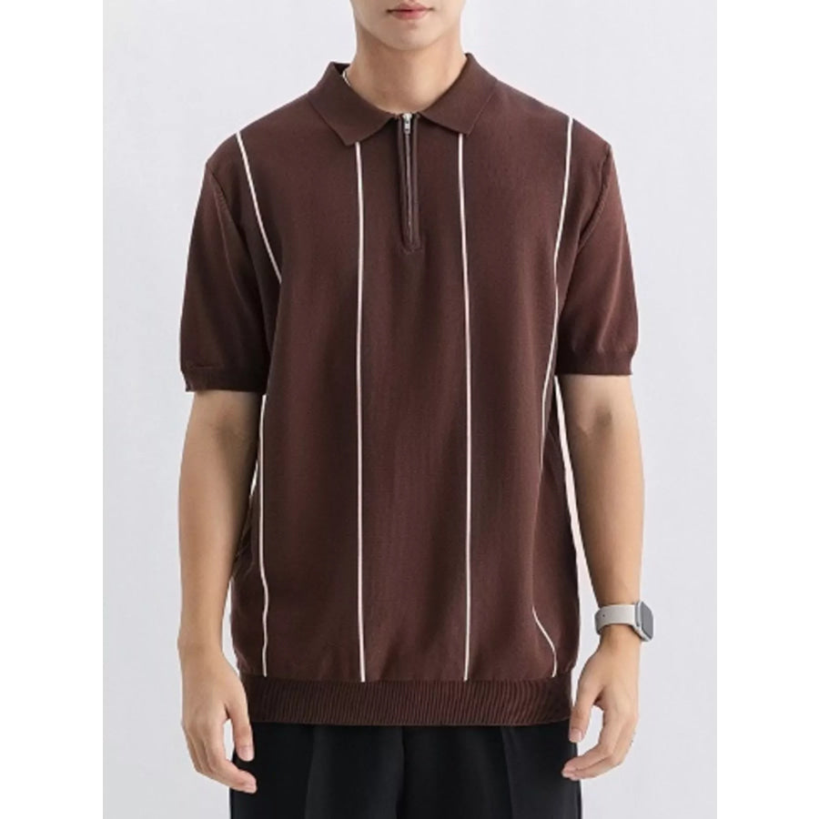 Men’s Plus Size Striped Zip-Up Knit Polo Red Coffee. / M Apparel and Accessories