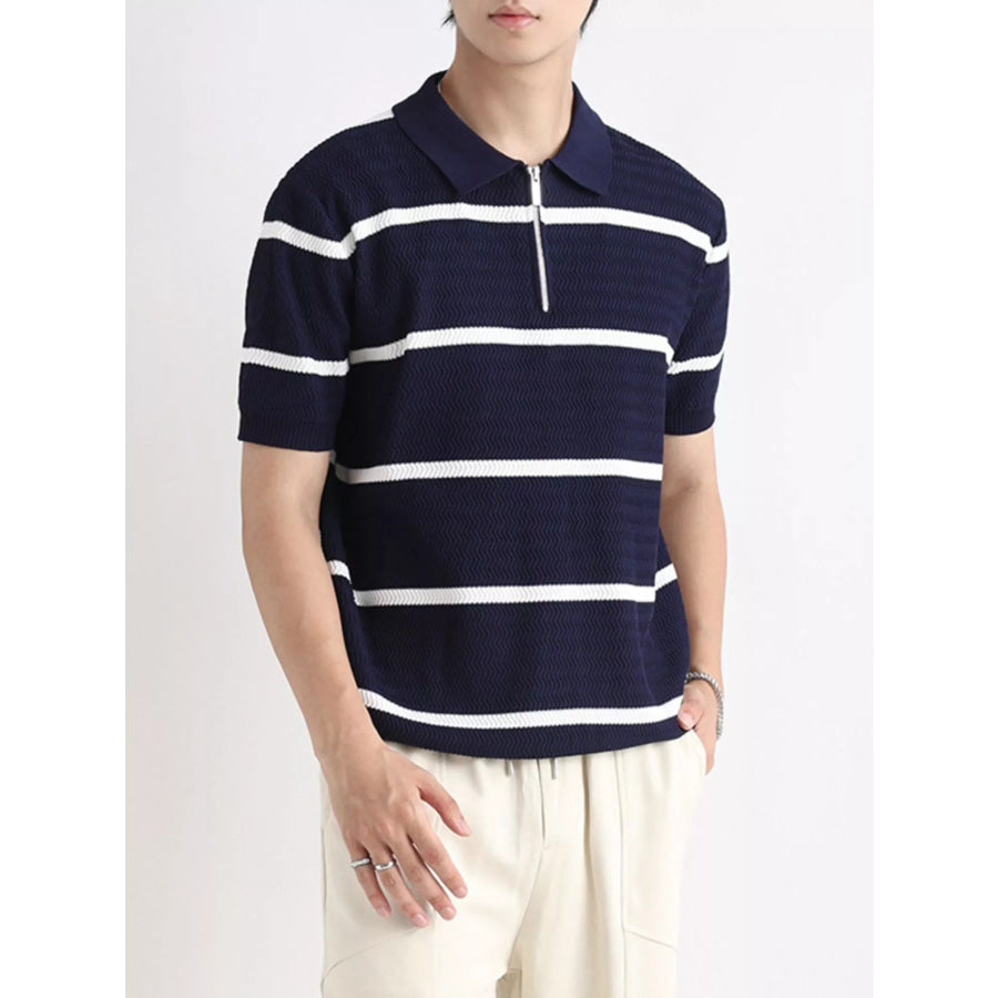 Men’s Plus Size Striped Zip-Up Knit Polo Royal Blue / M Apparel and Accessories