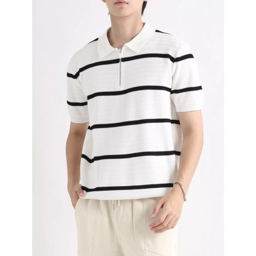 Men’s Plus Size Striped Zip-Up Knit Polo White / M Apparel and Accessories