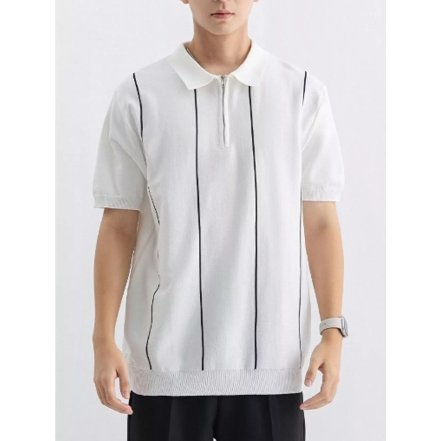 Men’s Plus Size Striped Zip-Up Knit Polo White / M Apparel and Accessories