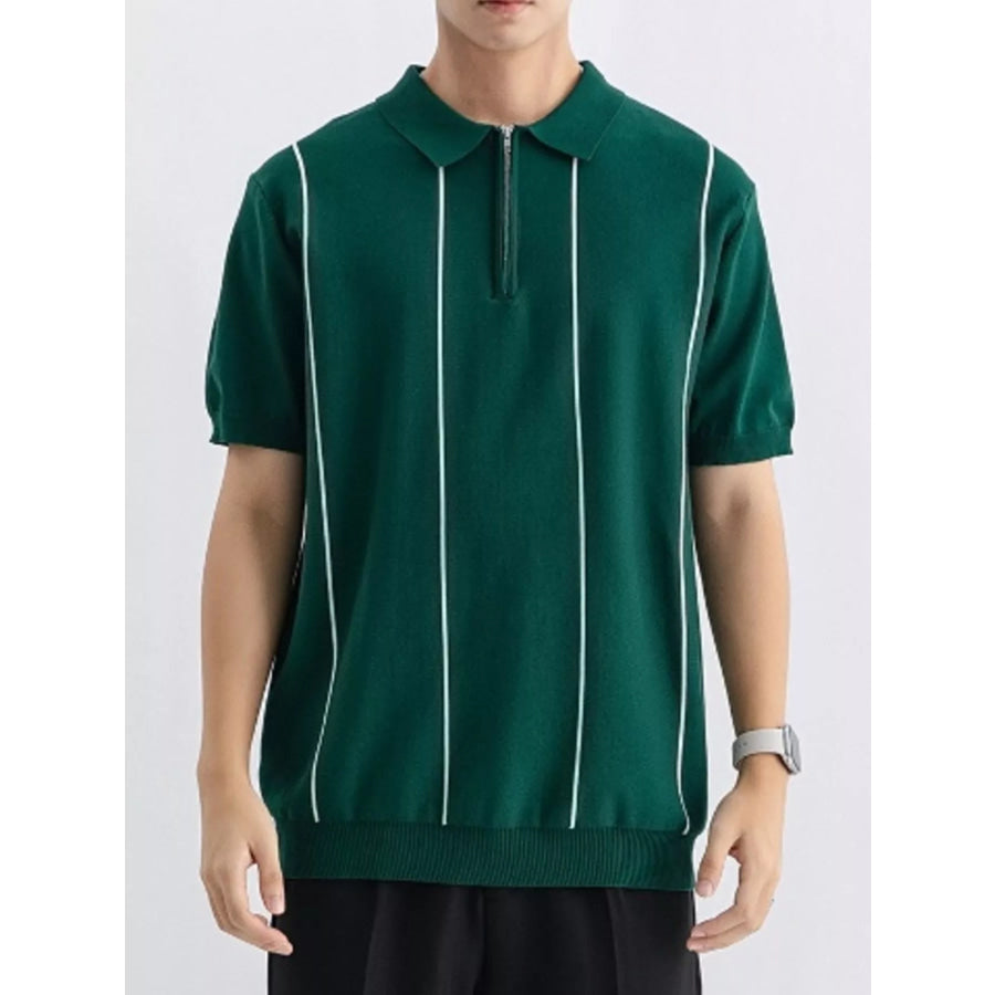 Men’s Plus Size Striped Zip-Up Knit Polo Wood Green / M Apparel and Accessories