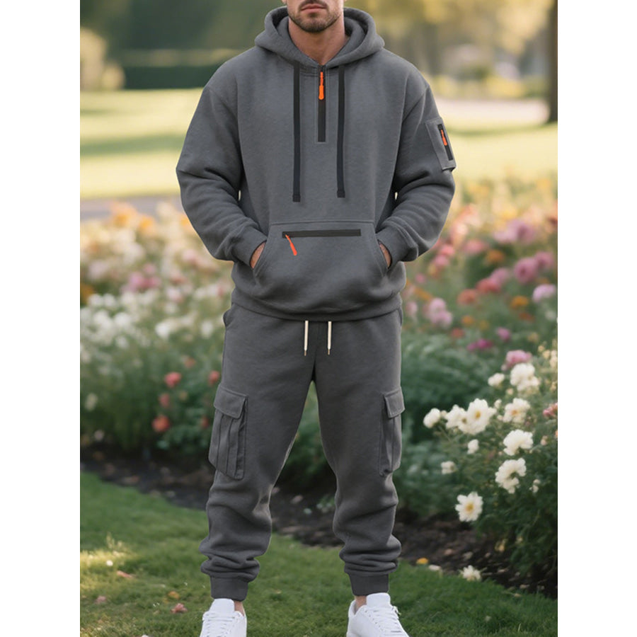 Men’s Plus Size Tactical Cargo Hoodie and Jogger Set Dark Gray / M