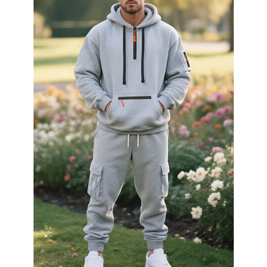 Men’s Plus Size Tactical Cargo Hoodie and Jogger Set Light Gray / M