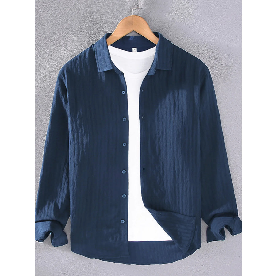 Men’s Plus Size Textured Button Up Long Sleeve Shirt Dark Blue / M Apparel and Accessories