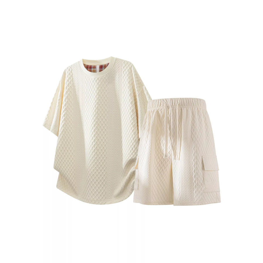 Men’s Plus Size Textured Casual Top and Shorts Set Apricot / M Apparel and Accessories