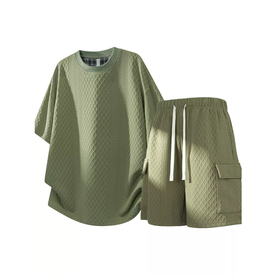 Men’s Plus Size Textured Casual Top and Shorts Set Light Green / M Apparel and Accessories