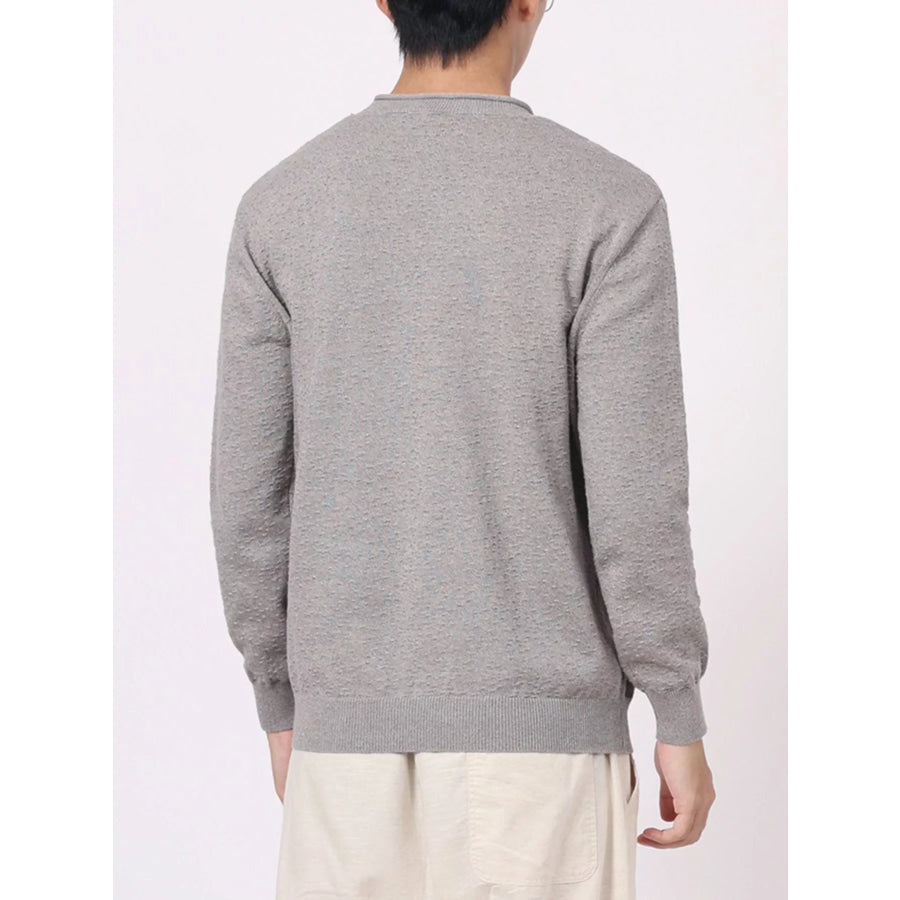 Men’s Plus Size Textured Crew Neck Sweater Floral Gray / M Apparel and Accessories