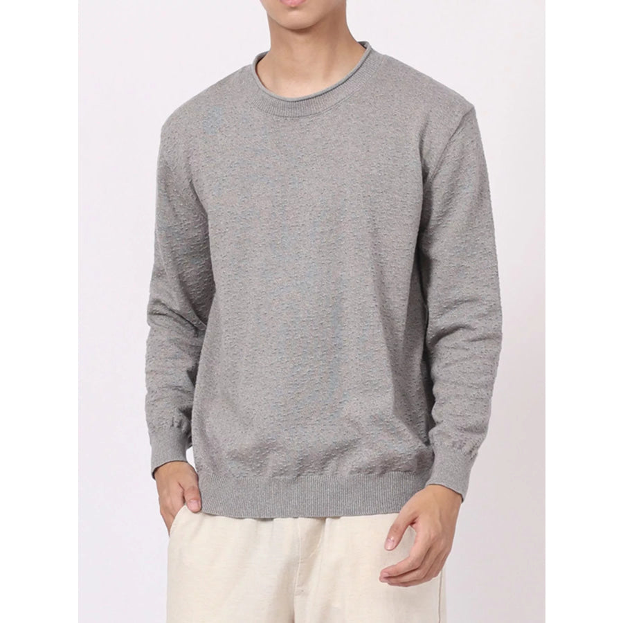 Men’s Plus Size Textured Crew Neck Sweater Floral Gray / M Apparel and Accessories