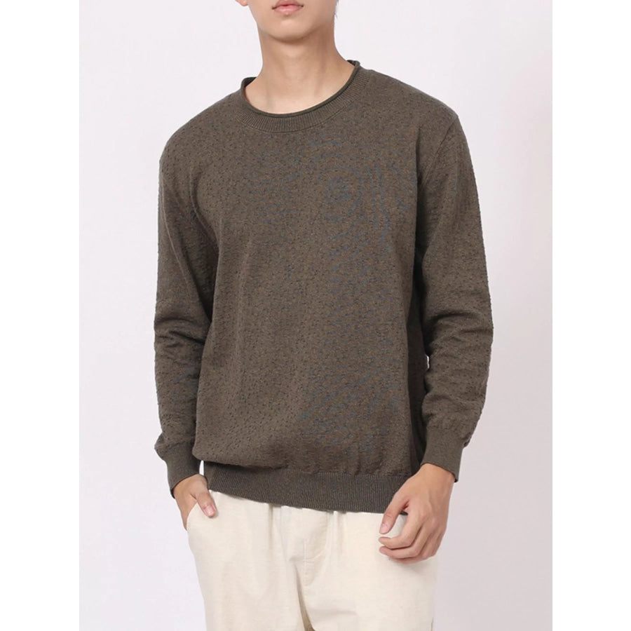 Men’s Plus Size Textured Crew Neck Sweater Olive Brown / M Apparel and Accessories