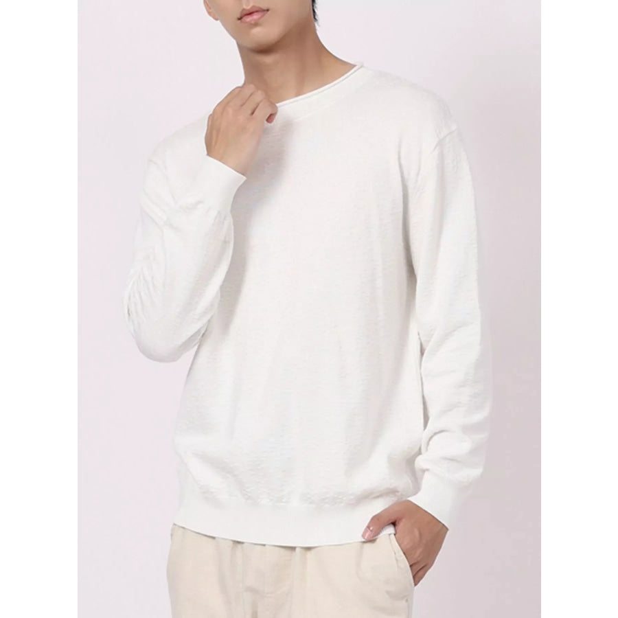 Men’s Plus Size Textured Crew Neck Sweater White / M Apparel and Accessories