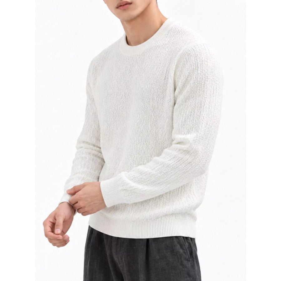 Men’s Plus Size Textured Crew Neck Sweater White / M Apparel and Accessories