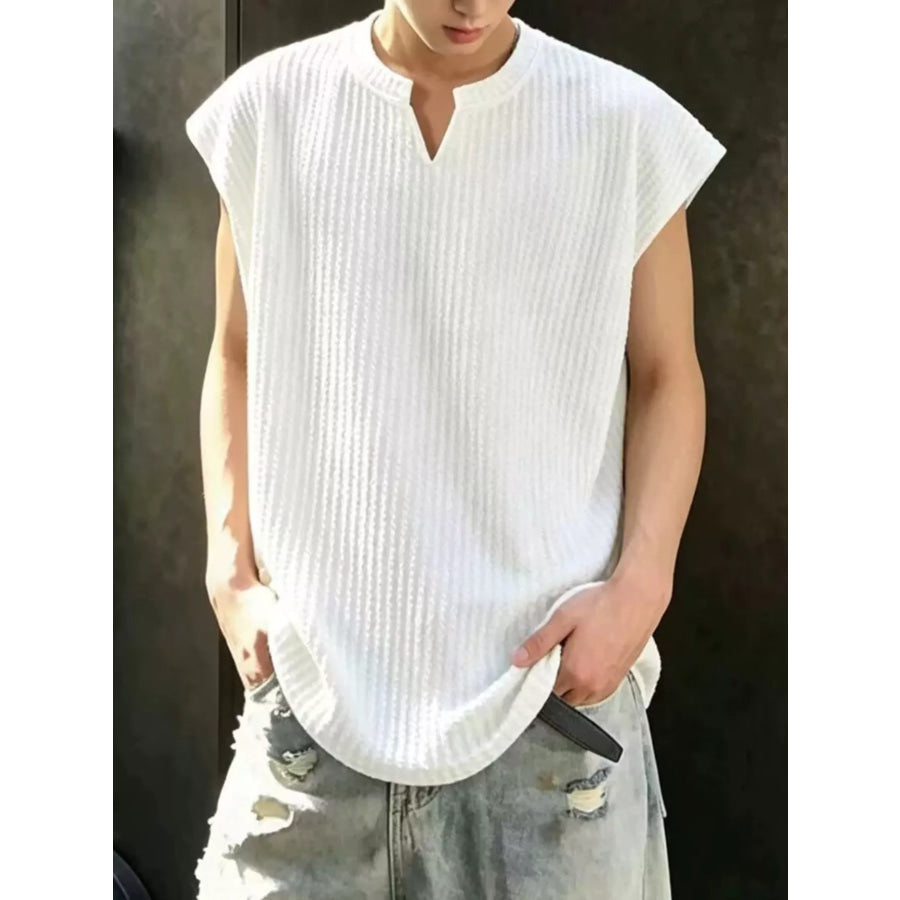 Men’s Plus Size Textured Knit Notched Tank Top White / M Apparel and Accessories