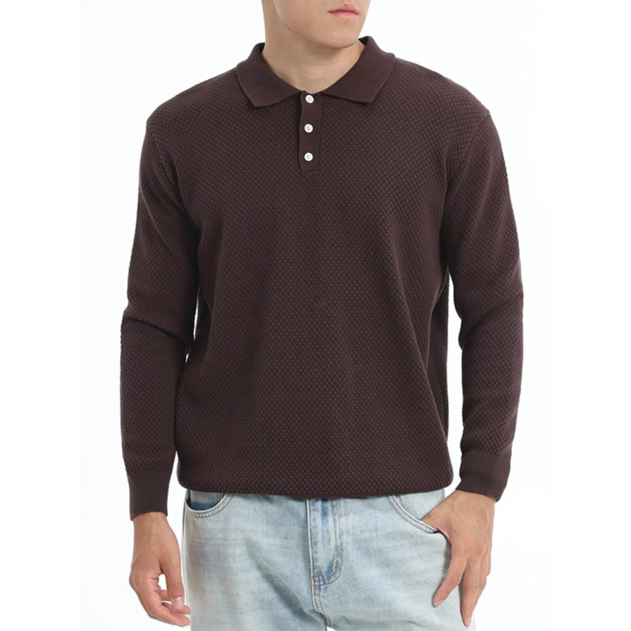 Men’s Plus Size Textured Knit Polo Collar Sweater Brown / L Apparel and Accessories