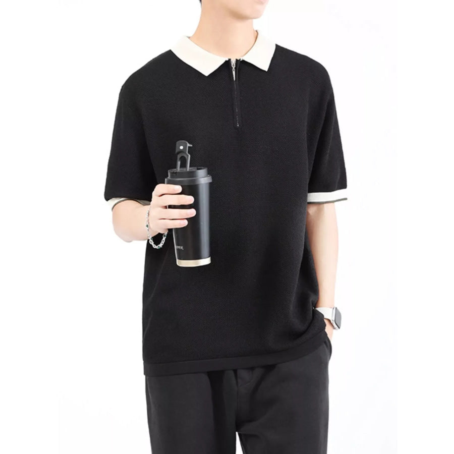 Men’s Plus Size Textured Knit Polo with Zipper Black / M Apparel and Accessories